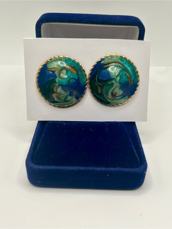 Jewelry - Gold-Trim Green & Blue Enamel Dome Round Earrings - Women Jewelry